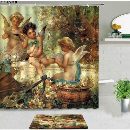 2pcs Oil Painting Landscape Angel Shower Curtains Non-slip Carpet Flannel Rug Bath Mat Bathroom Accessory Home Bathtub Decor Set