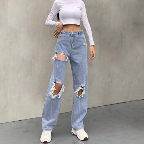 2021 Fashion Women Wear Cowboy Straight Trousers Sexy High Waist Ripped Street Wide Leg Pants Casual Hole Blue Jeans For Ladies