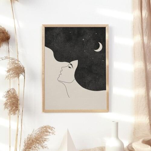 Abstract Girl Moon Art Prints Boho Decor Neutral Wall Art Canvas Painting Nordic Decoration Picture Living Room Bedroom Decor
