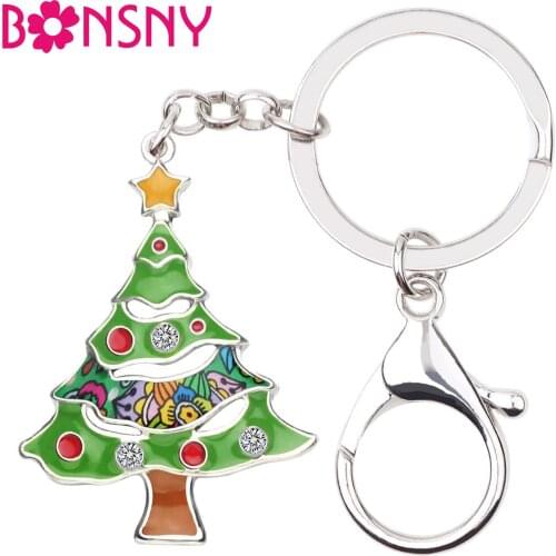 Bonsny Enamel Alloy Christmas Tree Key Chain Keychain Keyring Rhinestone Party Fashion Jewelry For Women Girls Kid Car Bag Gifts