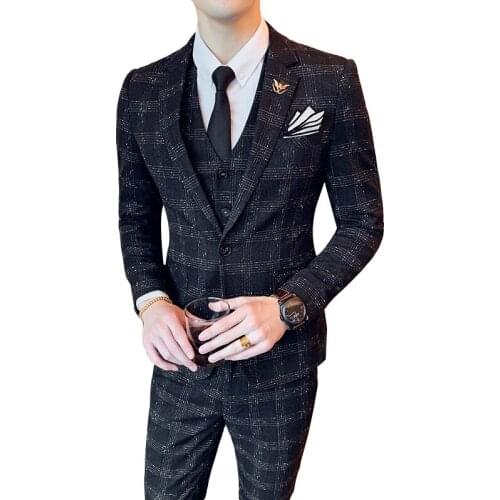 Black Men Striped Three-Piece Set ( Jacket + Pant + Vest ) Navy Blue Fashion Business Male Blazer Coat Trousers Waistcoat S-XXXL