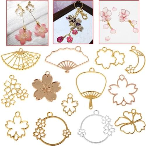 L93F 13 Pcs/Set Flower Metal Frame DIY Epoxy Resin Crafts UV Resin Jewelry Making Pendant Holder Hollow Fan Floral Shape Dry