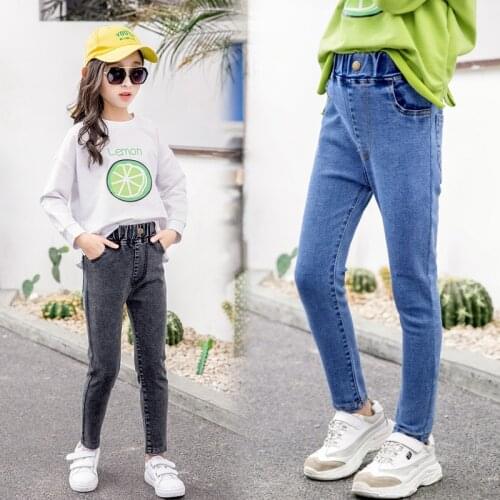 Girls' Jeans 2021 Autumn Leggings Medium and Big Children Slimming Pants Spring and Autumn One Button Stretch Jeans