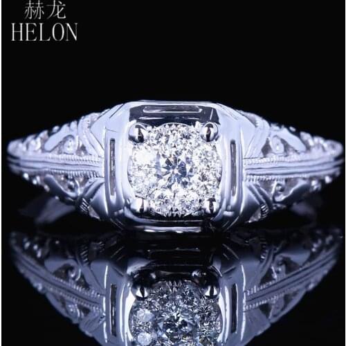 HELON Solid 10K White Gold 6mm Round Diameter Diamond Engagement Wedding Solitaire Accents Ladies Vintage Antique Jewelry Ring