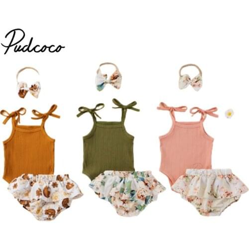 Infant Newborn Baby Girls 3 Pcs Outfits Suits, Sling Sleeveless Ribbed Romper Tops + Printed Shorts + Headband Sets
