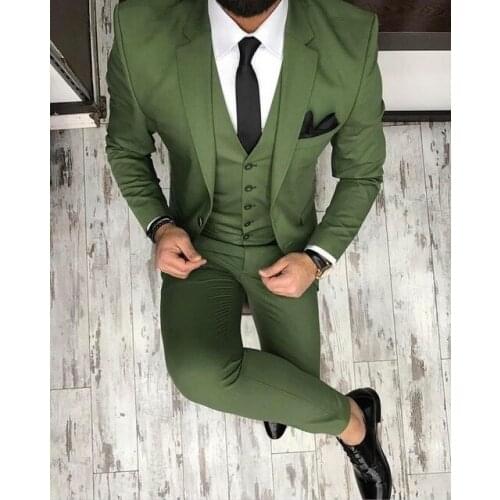 Fantastic Two Buttons Olive Green Groom Tuxedos Groomsmen Notch Lapel Mens Suits Blazers (Jacket+Pants+Vest+Tie) W:1189