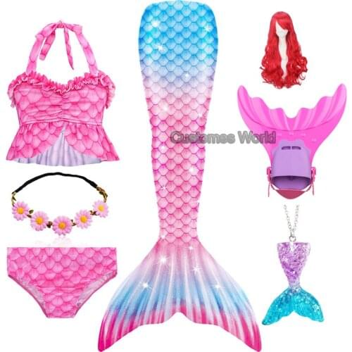 7PCS Kids Swimmable Mermaid Tail for Girls Swimming Bating Suit Mermaid Wig Costume Swimsuit Children Mermaid Tails With Monofin