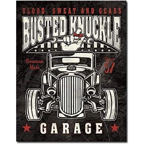 Busted Knuckle Hot Rod Garage Service Shop Muscle Cars Wall Decor Metal Tin Sign 16x12in