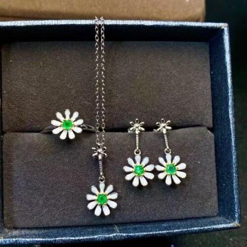 Cute Sun flower Chrysanthemum S925 silver natural green Emerald ring pendant earrings natural gemstone woman party jewelry