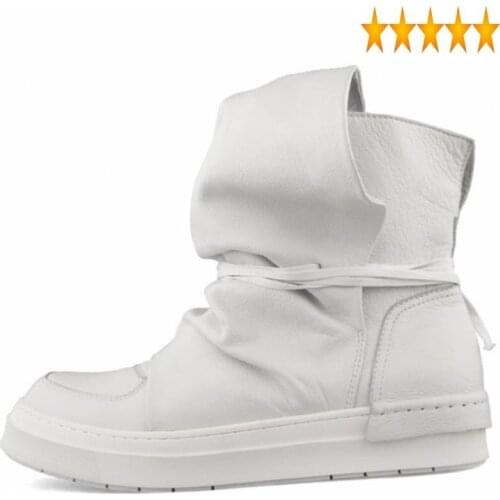 High Street Men High-Top Luxury Cowhide Platform Sneakers 2021 Autumn Round Toe Punk Gothic White/Black Shoes Trainers