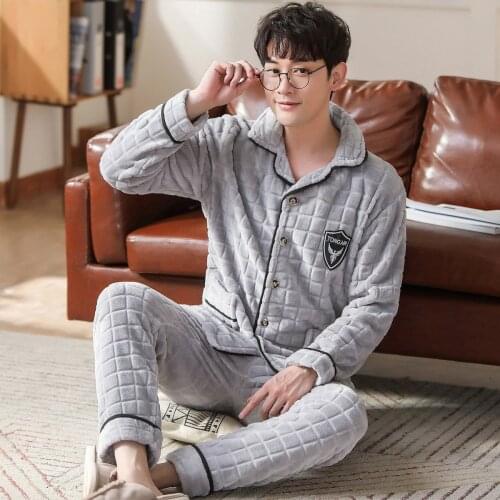 Autumn Winter Mens Flannel Pajamas Grey Solid Sleepwear Cartoon Pajama Sets Casual Sleep&Lounge Pyjamas Plus Size 3XL Pijama