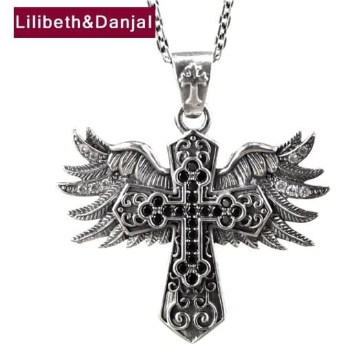 Cross Feather Pure 925 Sterling Silver Necklace Pendant Inlaid Synthetic Zircon Vintage Jewelry Women Men 2021 Free Shipping P26