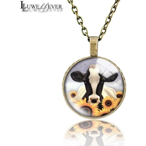 Cows Necklace 661 25mm Bronze 30mm Wood Rhinestone Double-sided Moon Round Glass Pendant For Women Gift