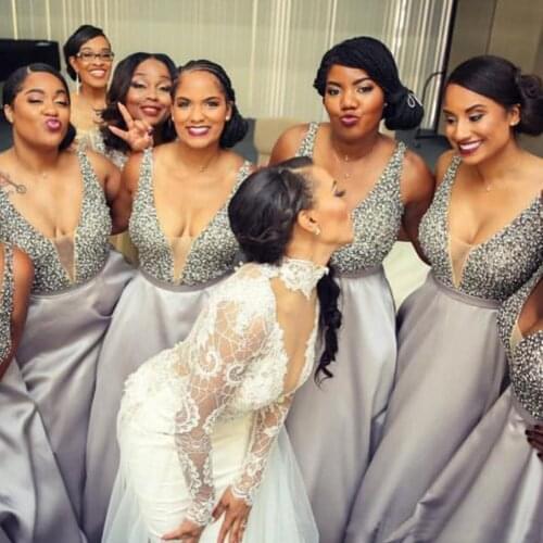 African Plus Size Bridesmaid Dresses With Deep v Neck Beading Top A Line Wedding Guest Dress Long Maid Of Honor Party Gowns-in P
