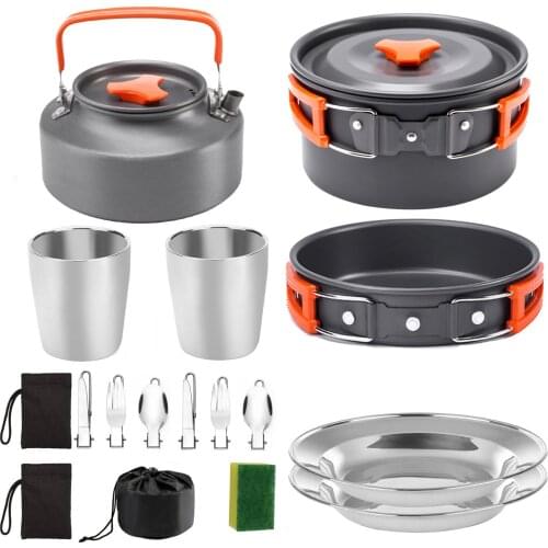 Portable Picnic Cooking Tool Set Stainless Steel Cookware Pot Saucepan Kettle Water Cup Knife Fork Plate Storage Bag