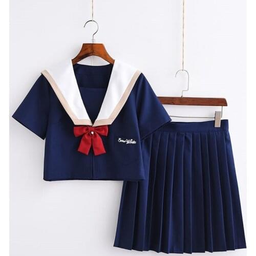 Dark Blue Hot Korean Uniform School Snow White Embroideried School Uniform Cosplay Student Jk Top+Skirt+Tie S-XXL