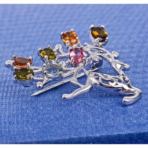 Tourmaline brooch Free shipping Natural real Tourmaline 925 sterling silver brooch 4*5mm 7pcs gemstone