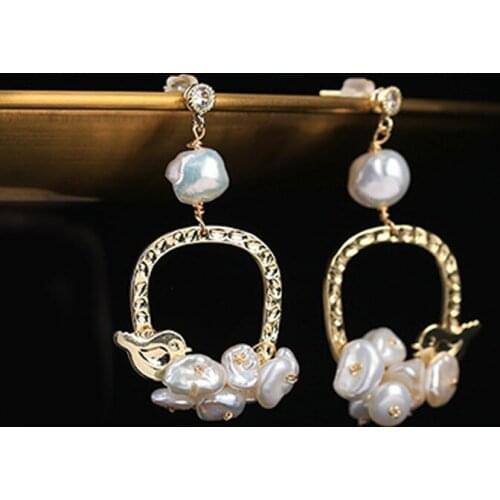 Vintage Handmade Zircon Freshwater Pearl Bird Earrings Gold Color Ear Stud Crystal Rhinestone Earrings For Women Party Jewelry