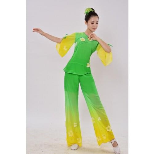 Yellow green national dance costume folk fan umbralle yangko classical dance dress Jasmine square dance costume