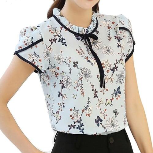 Womens Short Sleeve Printing Chiffon Shirt Summer Large Size Female Bowknot Tops Ladies Leisure Fashion Blouses Shirts H9058