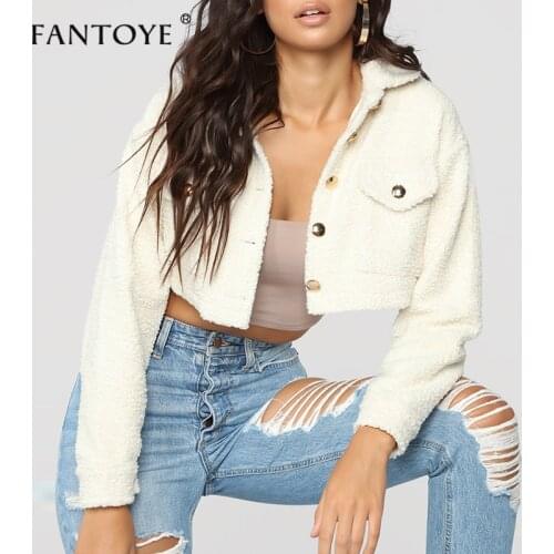 Fantoye Faux lambswool Button Women Coats Autumn Winter Turn-down Collar Long Sleeve Jackets Casual Streetwear Pockets Crop Top