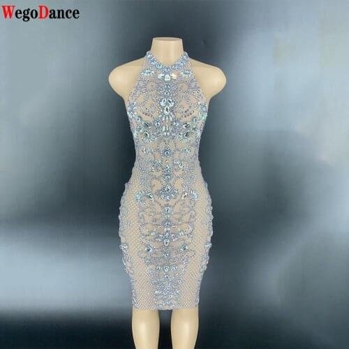 New Sexy Mesh Diamond Transparent Dress Birthday Women Formal Gown Competition Evening Robe Soiree