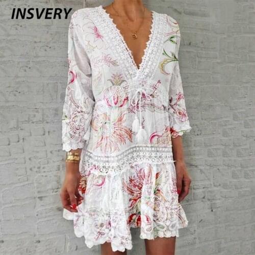 Vintage Women Floral Print A-Line Party Dress Boho Spring Summer Dresses For Women Lace Patchwork V Neck Long Sleeve Short Dress