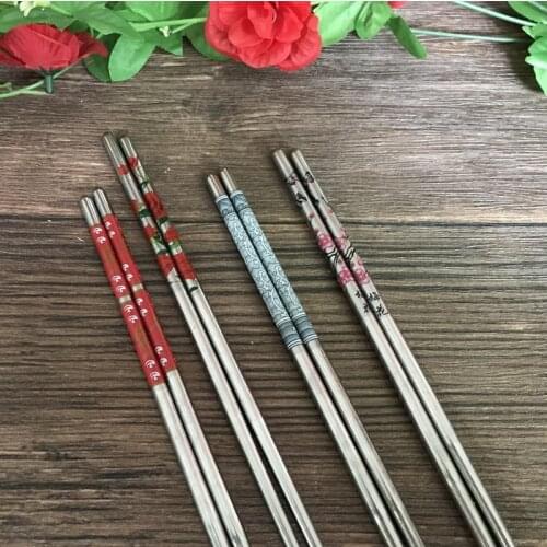 1 Pair Stainless Steel Chopsticks Length White Flower Patters Food Sticks Portable Reusable Chopsticks 23Cm Palillos Chinos