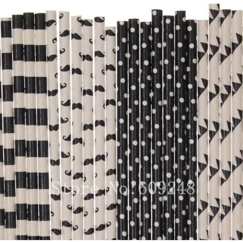 100pcs Drinking Paper Straws Mix,Black Mustache,Sailor Stripe,Swiss Dot,Pennant,Banner,Little Man Gender Reveal Birthday Party