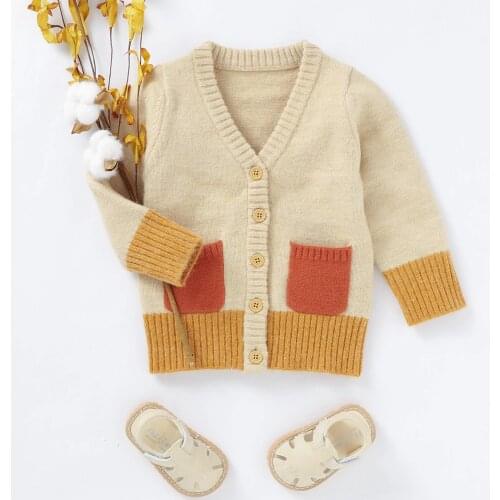 2020 0-24M Newborn Baby Boy Girl Fashion Long-sleeved Cardigan Sweater Patchwork Contrast V-neck Single-breasted Knitted Jacket