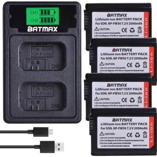 4Pcs 2000mAh NP-FW50 NP FW50 Battery + LCD Built-in USB Dual Charger for Sony Alpha a6500 a6300 7R a7R a7R II NEX-3N NEX-5