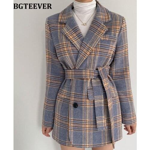 BGTEEVER Autumn Winter Warm Loose Plaid Suit Jackets for Women Chic Vintage Single-breasted Lace-up Female Woolen Blazer 2020