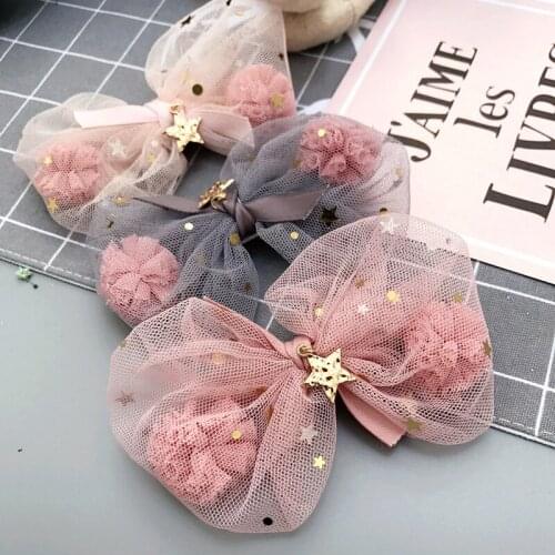 Boutique 15pcs Fashion Gauze Pom Pom Ball Glitter Star Bowknot Hairpins Solid Kawaii Hair Bow Hair Clips Headwear Accessories