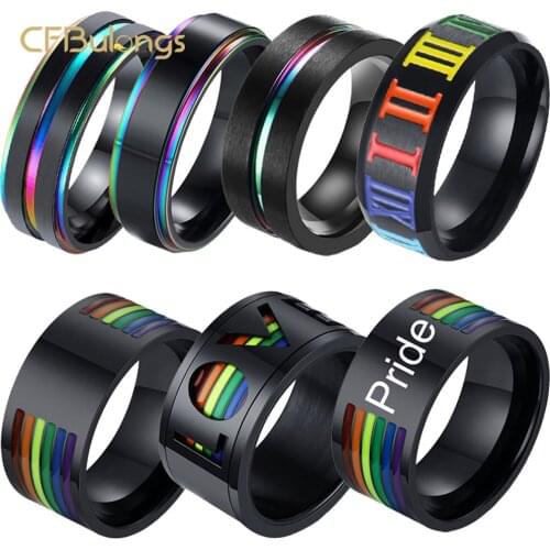 CFBulong Men Women Black Enamel Rainbow Colorful LGBT Ring Fashion Stainless Steel Couple Wedding Ring Hip hop Jewelry