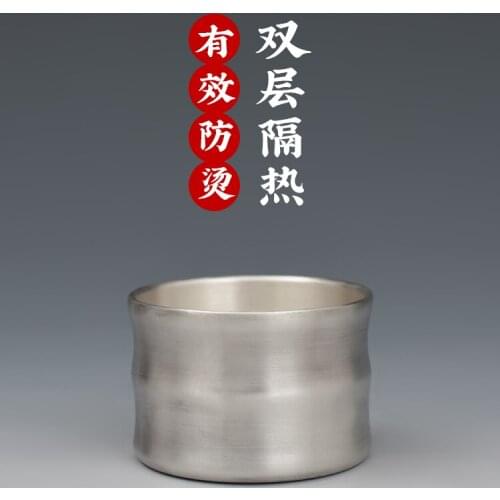 Silver Tea Cup Pure Handmade Pure Silver 999 Double-layer Anti-scalding Bamboo Fun Kungfu Tea Set Small Cup Household Cup