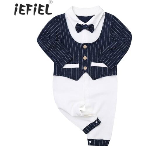 Infant Baby Boys Romper Shirt Long Sleeves Cotton Suit Attached Fake two Striped Vest Tie Ruffled Leg Openings Romper Jumpsuit
