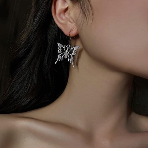 Docona Ancient Silver Color Butterfly Drop Dangle Earrings for Women Charm Geometric Hollow Metal Earrings Party Jewelry 16604