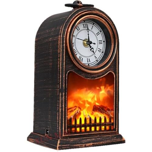 European Table Clock Retro Home Decoration Living Room Fireplace Flame Lamp Desk Clock Quartz Desktop Clocks Home Bar Cafe Watch