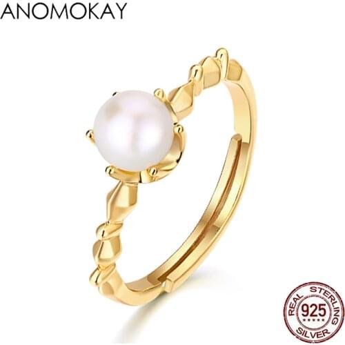 Anomokay Minimalism Classic Gold Color Pearl Rings for Women Lover Mom Gift 100% 925 Sterling Silver Resizable Ring for Party