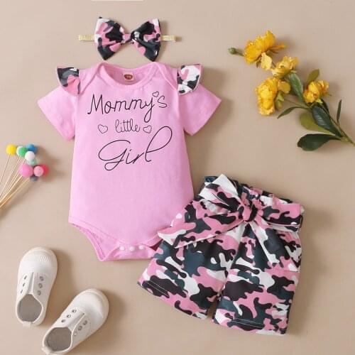 3Pcs Baby Girls Outfit, Summer Fly Sleeve Round Collar Letter Romper + Camouflage Printing Shorts + Bow Headwear Set