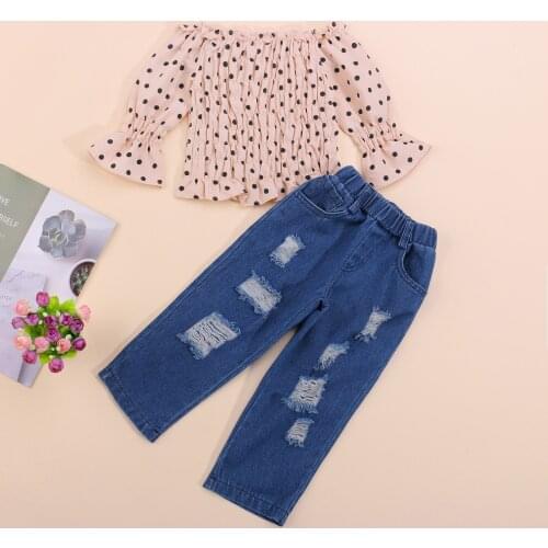 Spring Autumn Toddler Girls 2PCS Outfits Off Shoulder Long Sleeve Dot Smocked Tops + Ripped Jeans Set