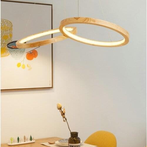 Japanese style creative double rings wood LED chandelier Nordic modern living room dining room lamp bedroom wood chandelier
