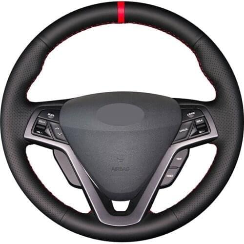 Hand-stitched Black Genuine Leather Red Marker Car Steering Wheel Cover for Hyundai Veloster 2011 2012 2013 2014 2015 2016 2017