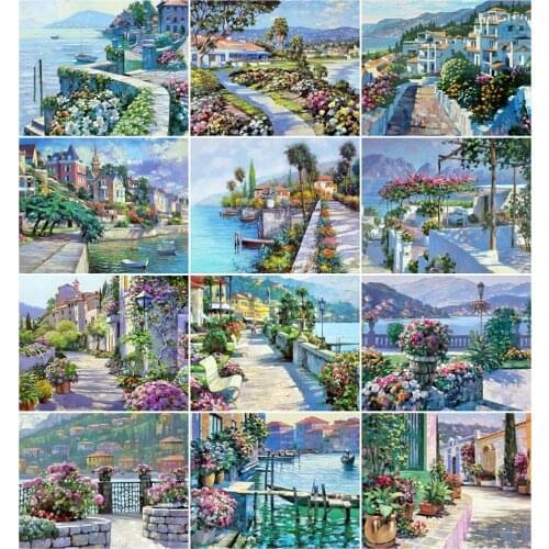 AZQSD 40x50cm Oil Painting By Numbers Town Handmade Gift DIY Coloring By Numbers Seaside Landscape Home Living Room Art Craft