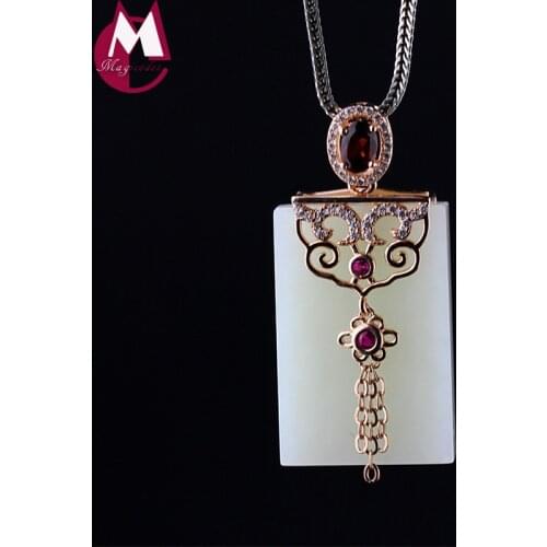 Natural Stone Rectangle 30mm*20mm White Jade Pendant With Garnet Luxury Gemstone Jewelry Rose Gold Flower Tassel Necklace SP88