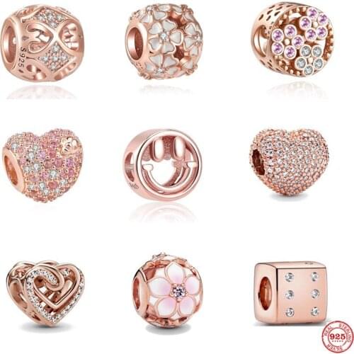 New 925 Silver Smiley Face Charm Rose Gold Flower Bead Love Clip Suitable For Original Pandora Bracelet DIY Lady Jewelry Gift