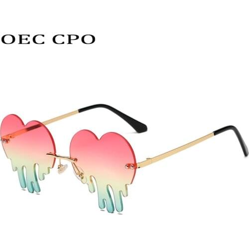 OEC CPO Vintage Rimless Sunglasses Women Fashion Heart Shape Sunglasses For Women New Pink Green Shades Glasses Men Eyewear O720