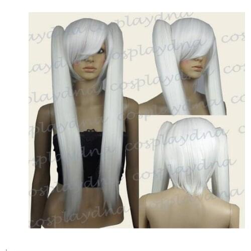 Hot heat resistant AA Party hair>>>26 inch Heath stylable White Cosplay DNA Wig with Clip-on Ponytails
