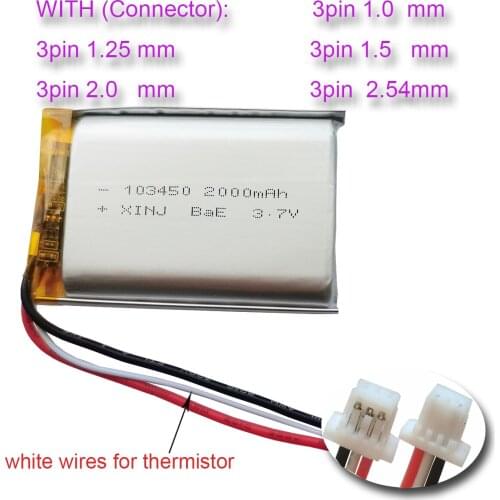 XINJ 3.7V 2000mAh Rechargeable 3 Wire Thermistor 10mm Thick Li Polymer Battery 103450 3pin 1.0 1.25mm For Game Player GPS Camera