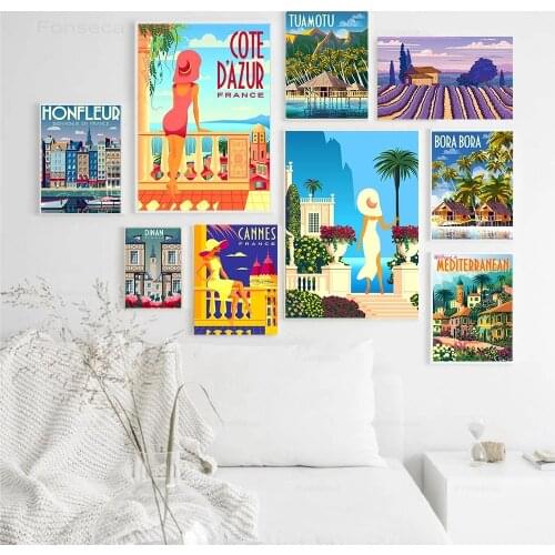 Famous City Retro Travel Poster Cartoon French Beach Landscape Canvas Painting Wall Art Pictures Living Room Home Decoration